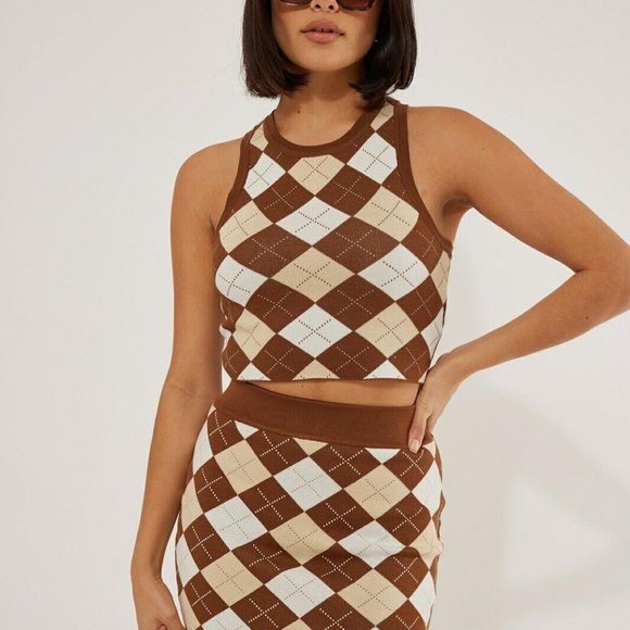 Womens Matching Set Outfit Tank Skirt Mini Size XS Brown Ivory Diamond Stretch - Picture 3 of 16